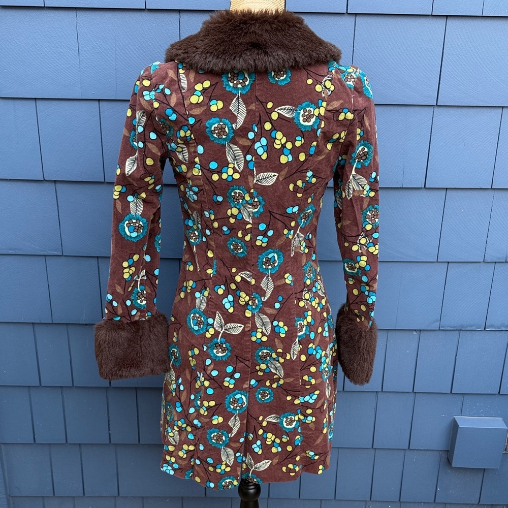 Vintage Sookie des L.A. Floral Brown Coat with Faux Fur Trim velvet - Picture 8 of 12